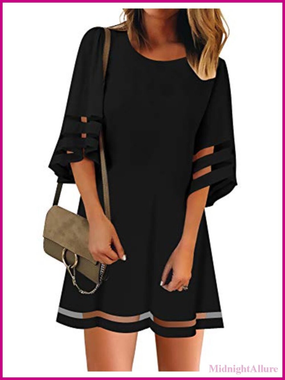 LookbookStore Women Casual Crewneck 3/4 Bell Sleeve Mesh Panel Tunic Dress
